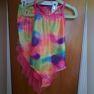 Colorful Rainbow Swimsuit with Pink Skirt Coverup